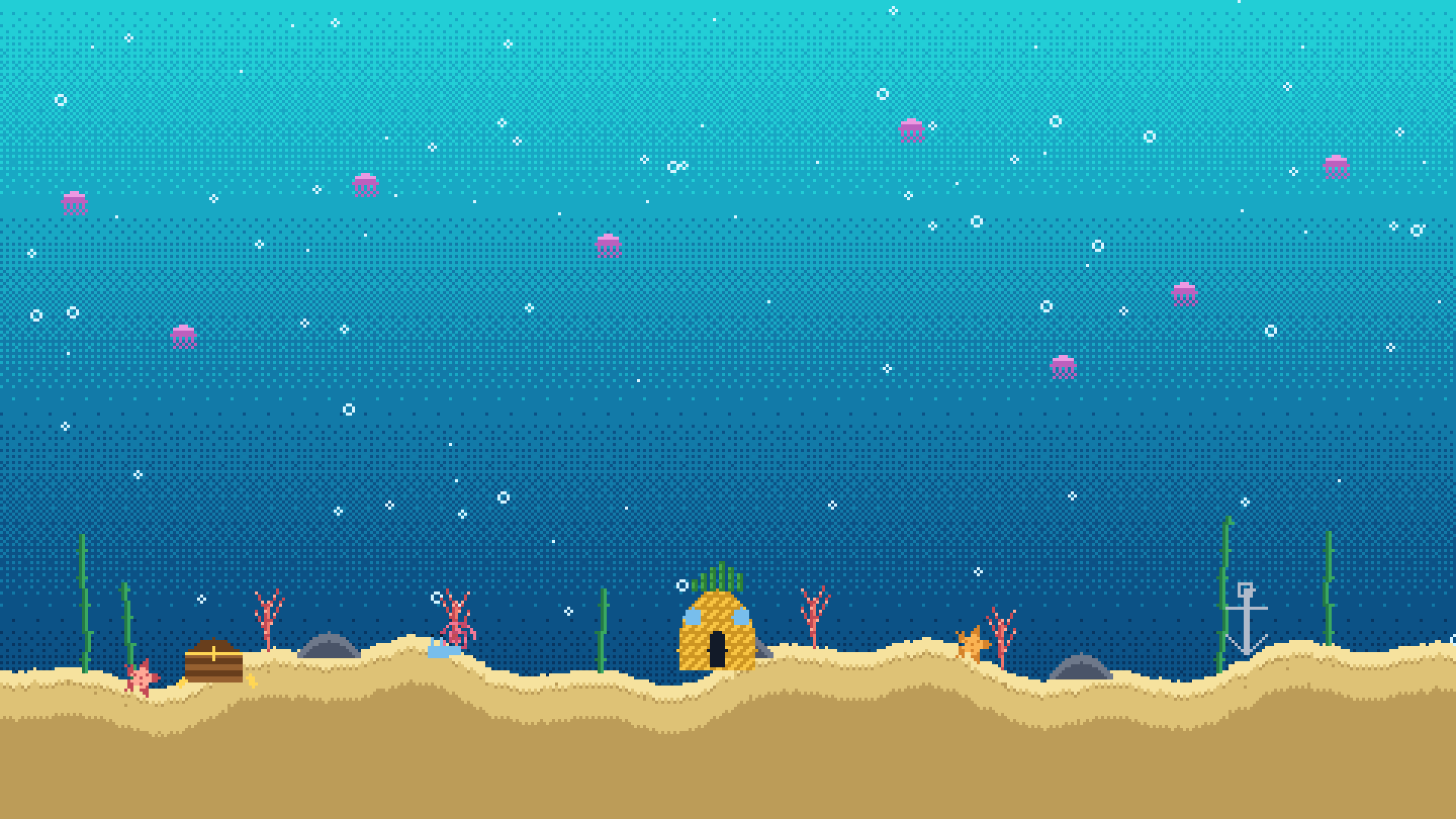 Pixel-art Bikini Bottom underwater scene with pineapple house, treasure, anchor and jellyfish